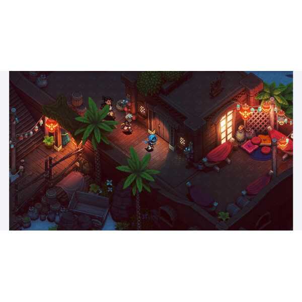 A colorful, pixel-art style game scene featuring characters in a tropical-themed environment with wo.