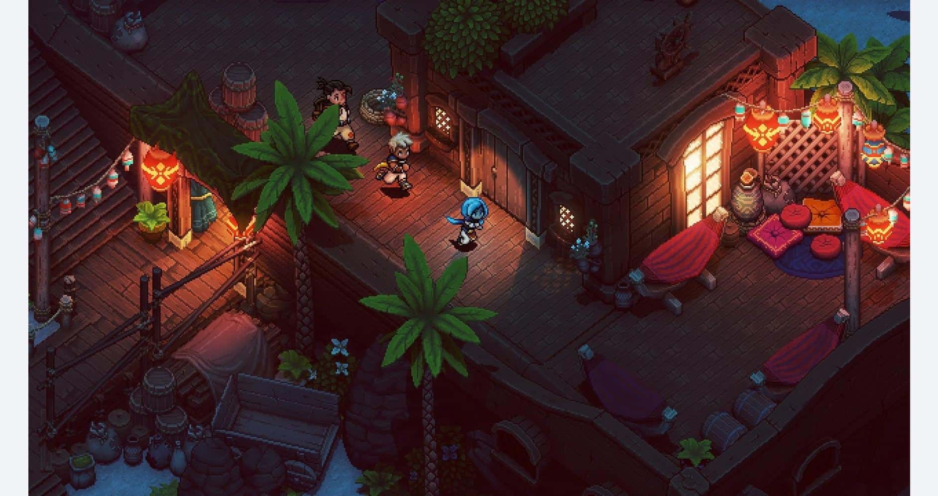 A colorful, pixel-art style game scene featuring characters in a tropical-themed environment with wo.