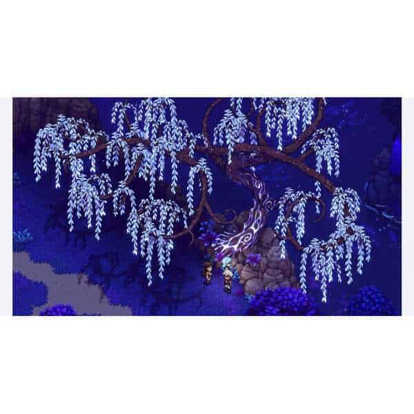 A lush, glowing blue willow tree in a fantasy game environment with characters exploring nearby.