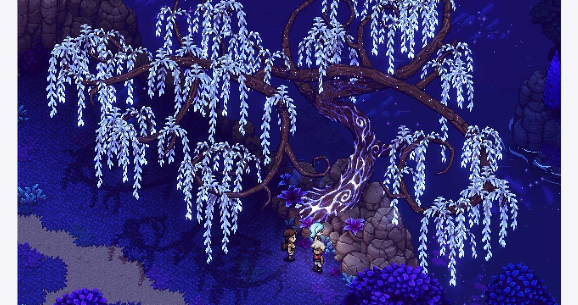 A lush, glowing blue willow tree in a fantasy game environment with characters exploring nearby.