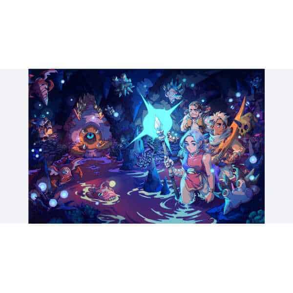 A colorful fantasy game scene featuring adventurers and mythical creatures in a dark, enchanted fore.