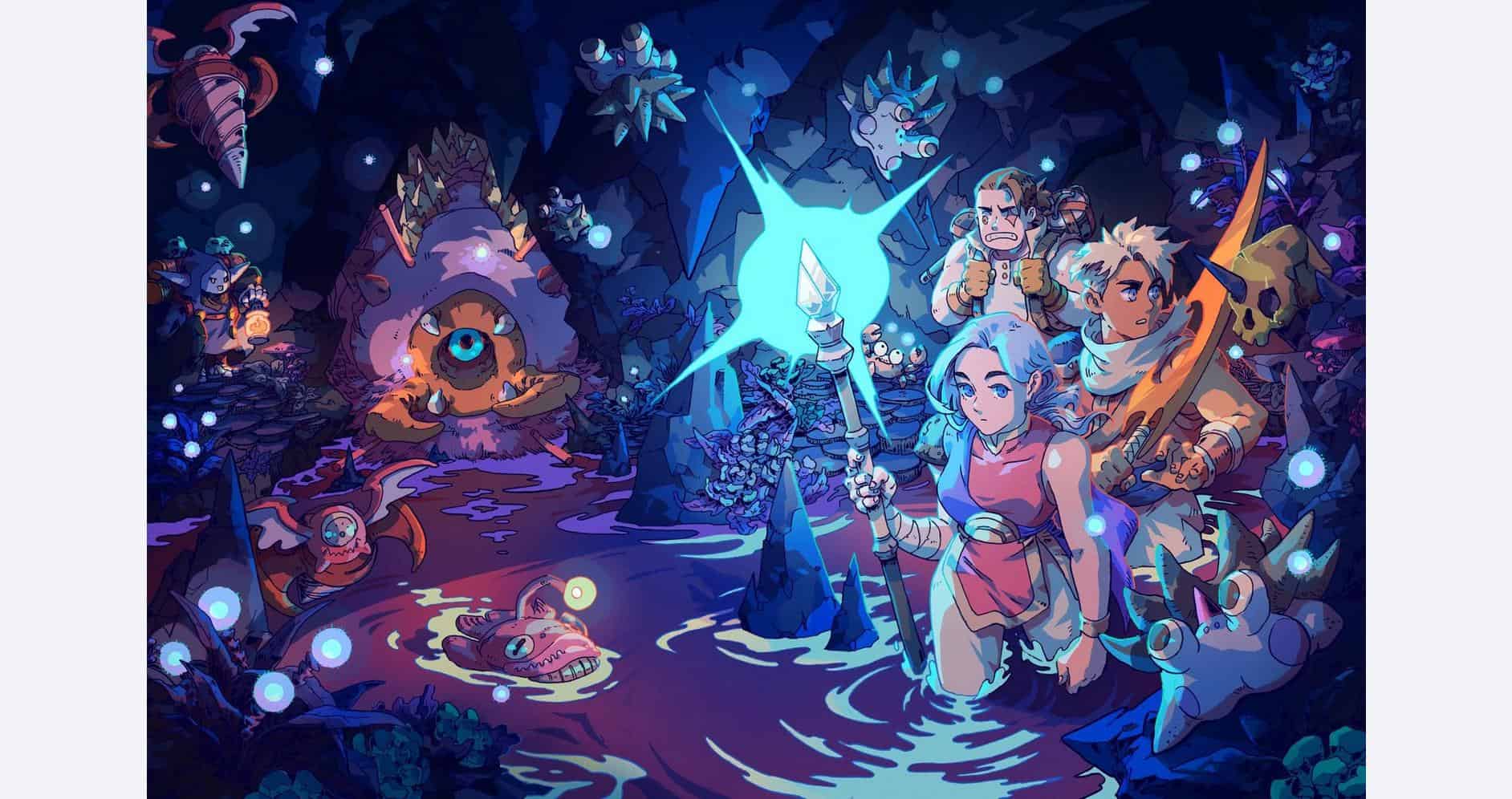 A colorful fantasy game scene featuring adventurers and mythical creatures in a dark, enchanted fore.