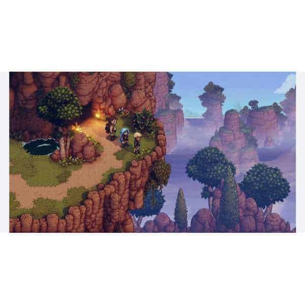 Vibrant fantasy landscape with cliffs, trees, and waterfalls in a pixel art style.