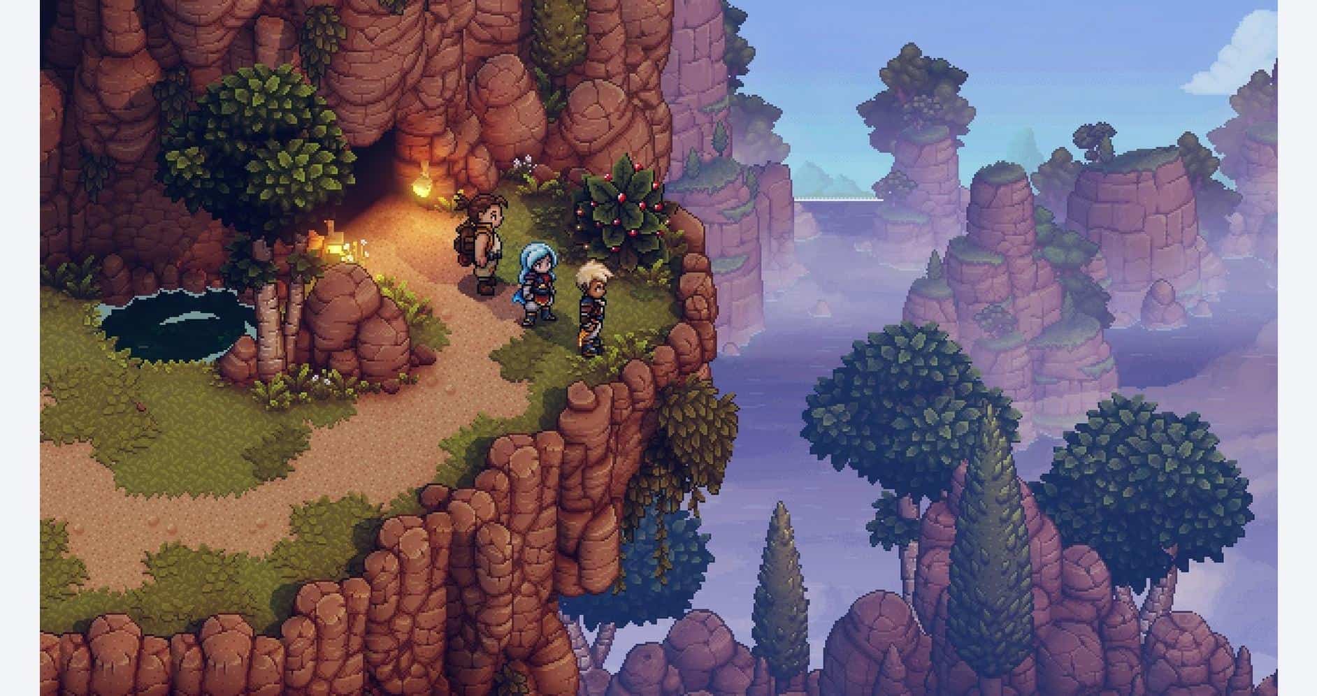 Vibrant fantasy landscape with cliffs, trees, and waterfalls in a pixel art style.
