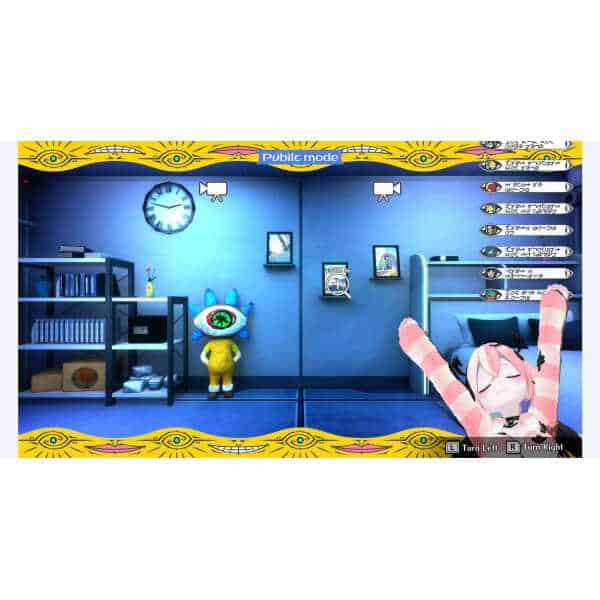 Colorful game scene with a character in a yellow outfit and a large eye, set in a blue-themed room w.