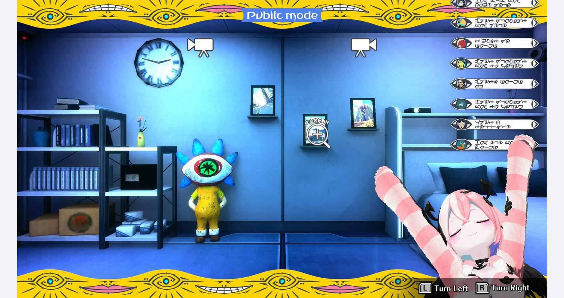 Colorful game scene with a character in a yellow outfit and a large eye, set in a blue-themed room w.