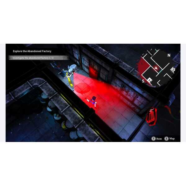 Player exploring abandoned factory with red lighting effects.
