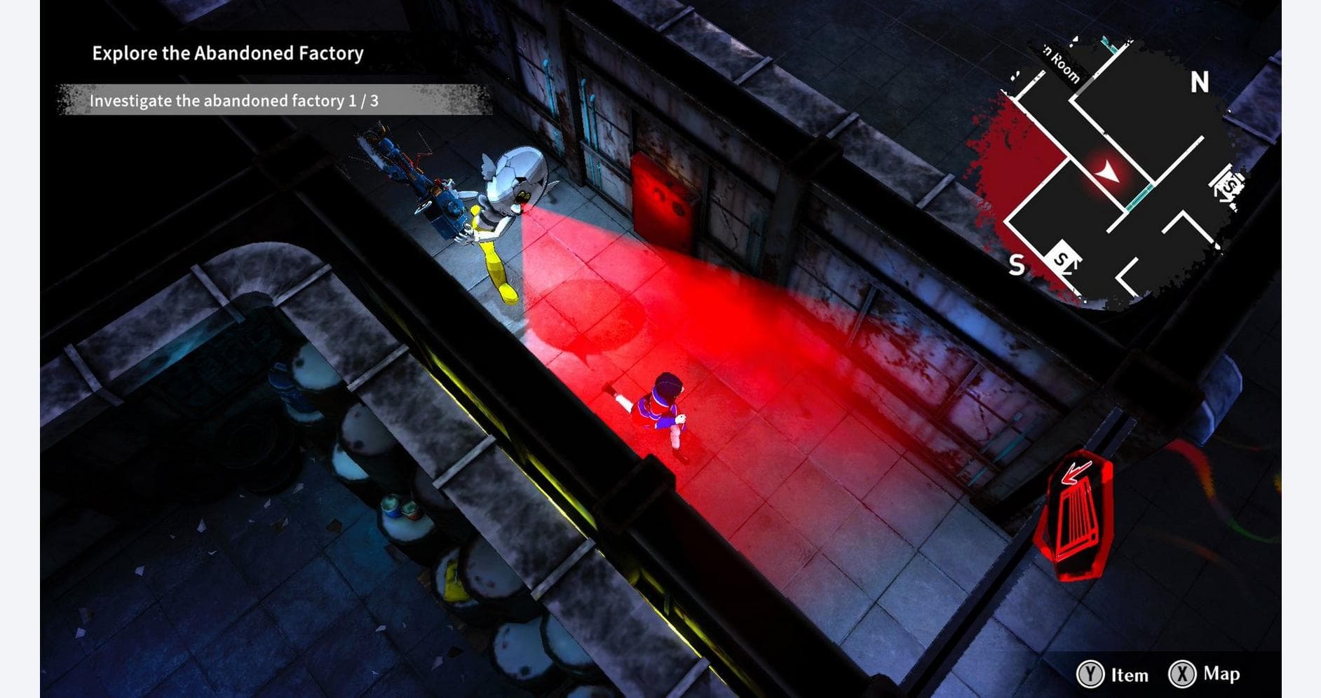 Player exploring abandoned factory with red lighting effects.
