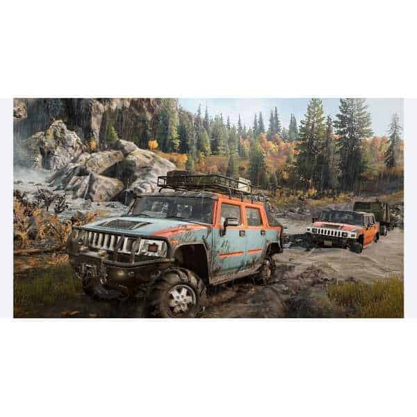 Off-road vehicles navigating muddy terrain in a forested area.
