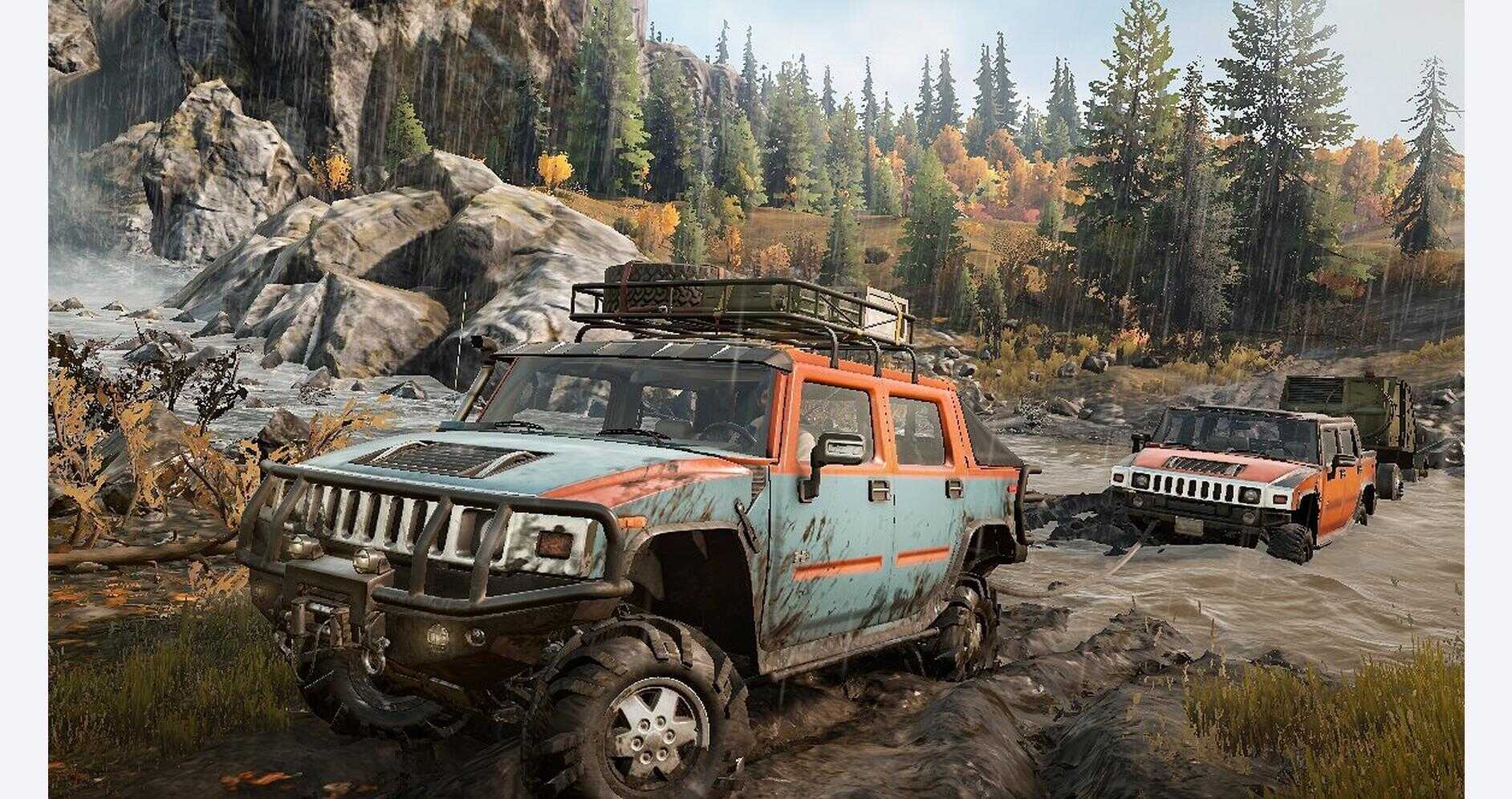 Off-road vehicles navigating muddy terrain in a forested area.