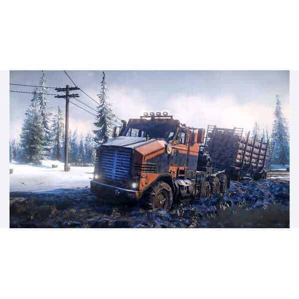 Heavy-duty truck navigating through snowy, muddy terrain in SnowRunner game.