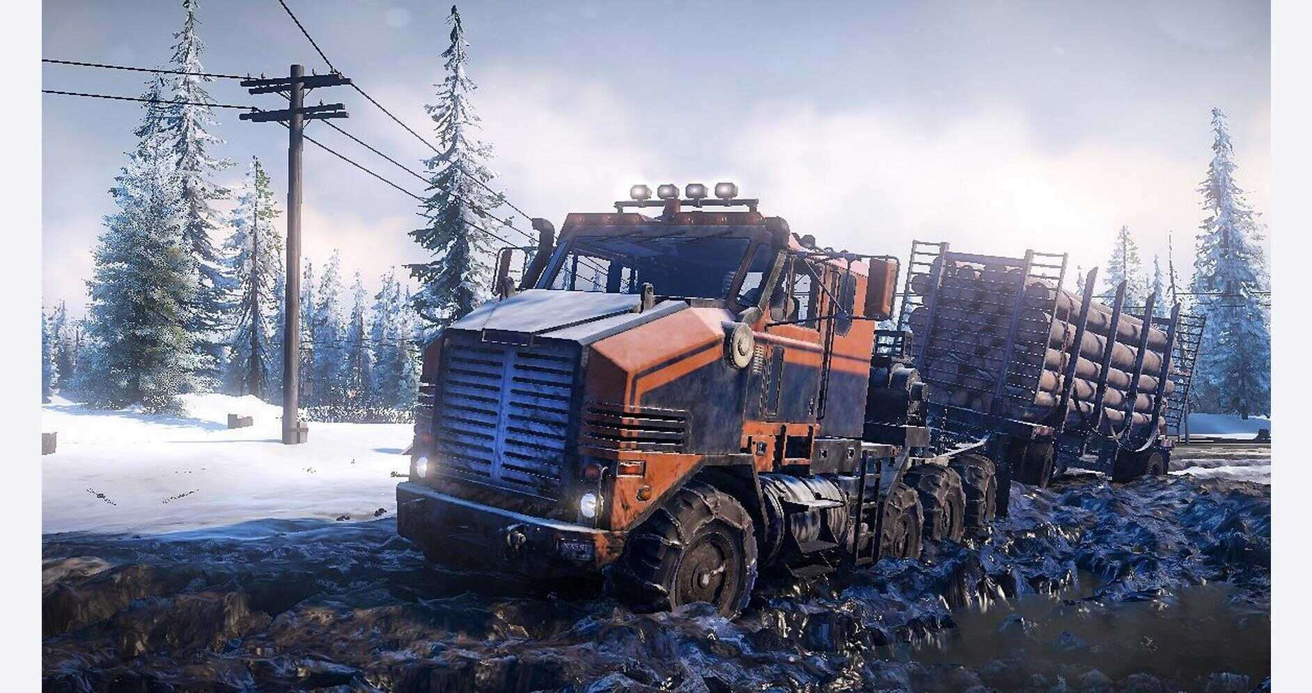 Heavy-duty truck navigating through snowy, muddy terrain in SnowRunner game.