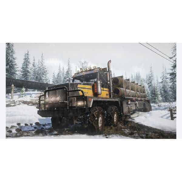 Heavy-duty snowplow truck clearing snow in winter landscape.