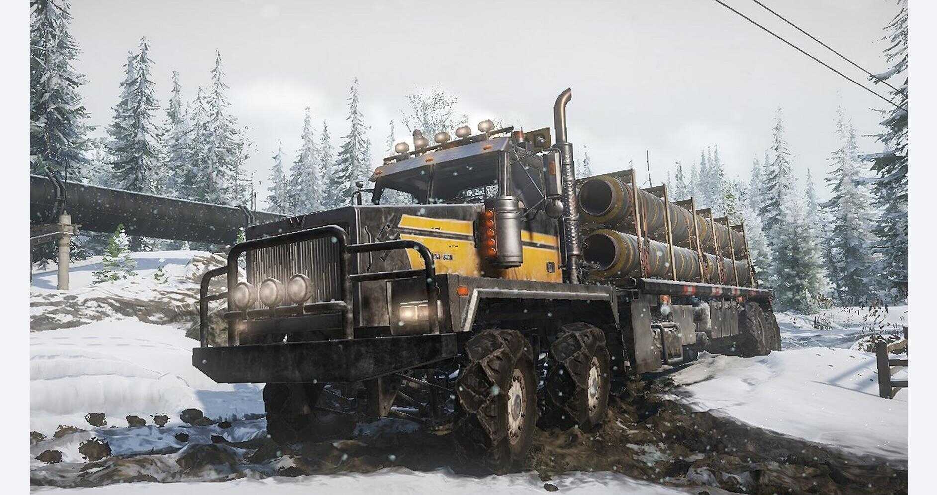 Heavy-duty snowplow truck clearing snow in winter landscape.