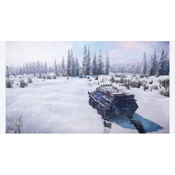 Snow-covered landscape with a rugged off-road vehicle in SnowRunner game.