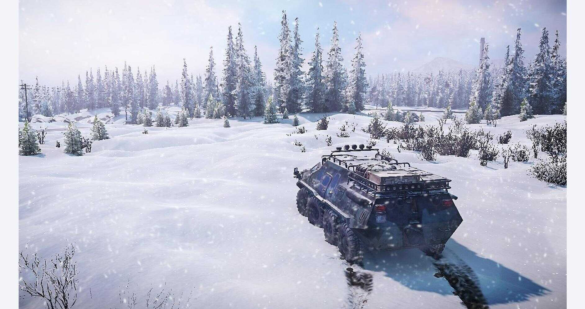 Snow-covered landscape with a rugged off-road vehicle in SnowRunner game.