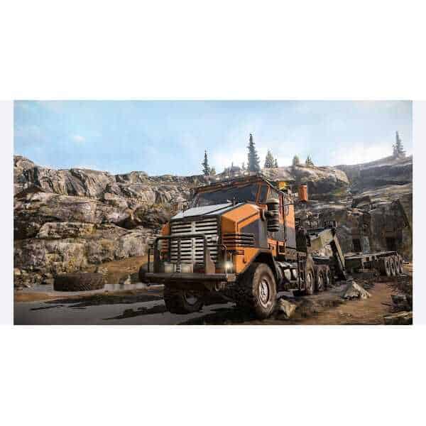 Heavy-duty orange and black off-road truck in rugged terrain for SnowRunner game.