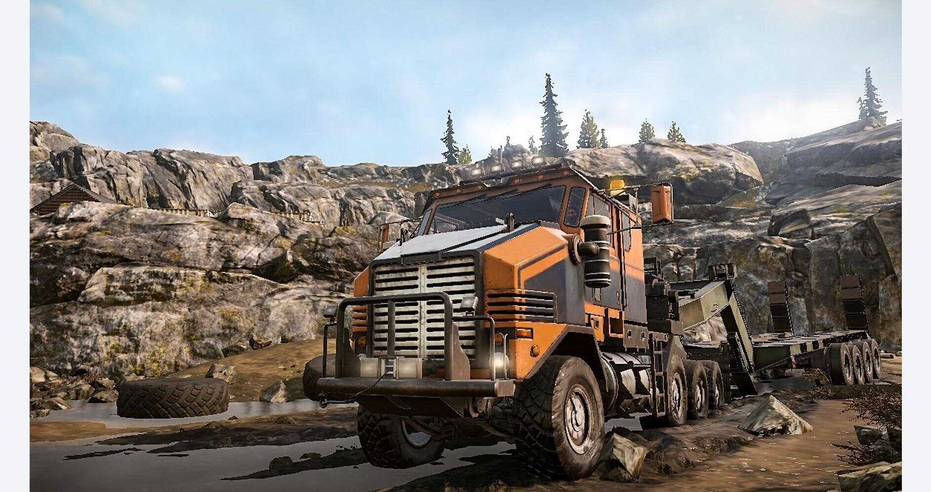 Heavy-duty orange and black off-road truck in rugged terrain for SnowRunner game.
