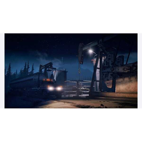Nighttime scene of oil drilling rigs in a snowy landscape for SnowRunner game.