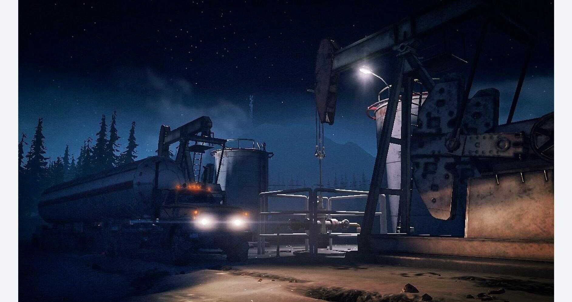 Nighttime scene of oil drilling rigs in a snowy landscape for SnowRunner game.