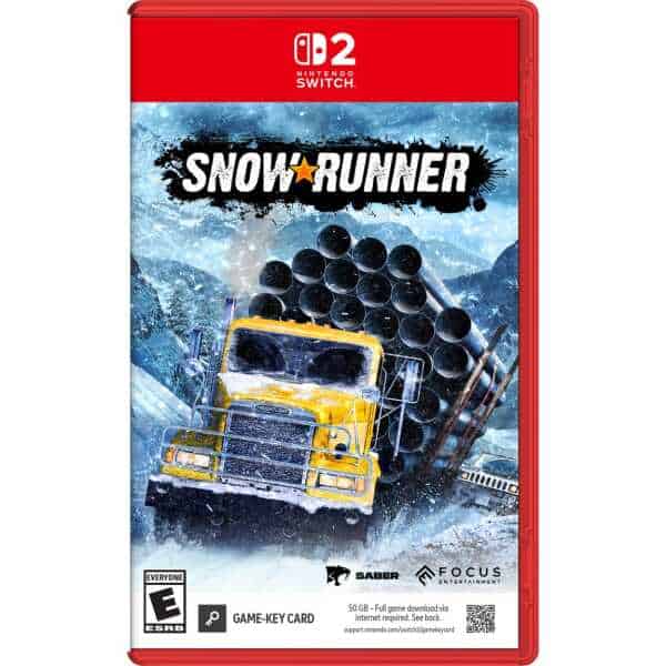 SnowRunner game cover for Nintendo Switch with a yellow truck in snowy terrain.