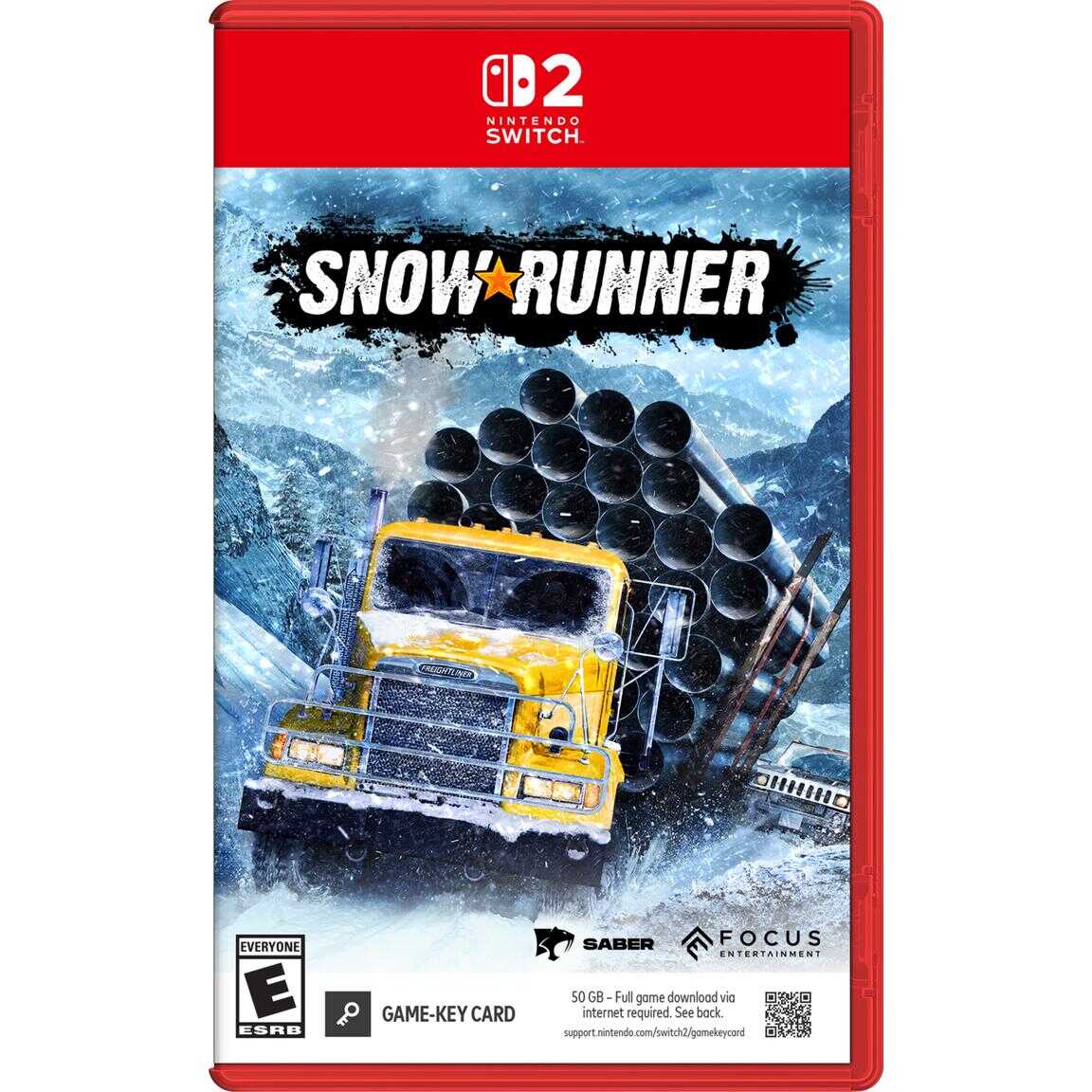 SnowRunner game cover for Nintendo Switch with a yellow truck in snowy terrain.