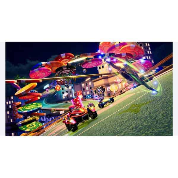 Sonic Racing CrossWorlds gameplay with colorful tracks and racing cars in a vibrant cityscape.