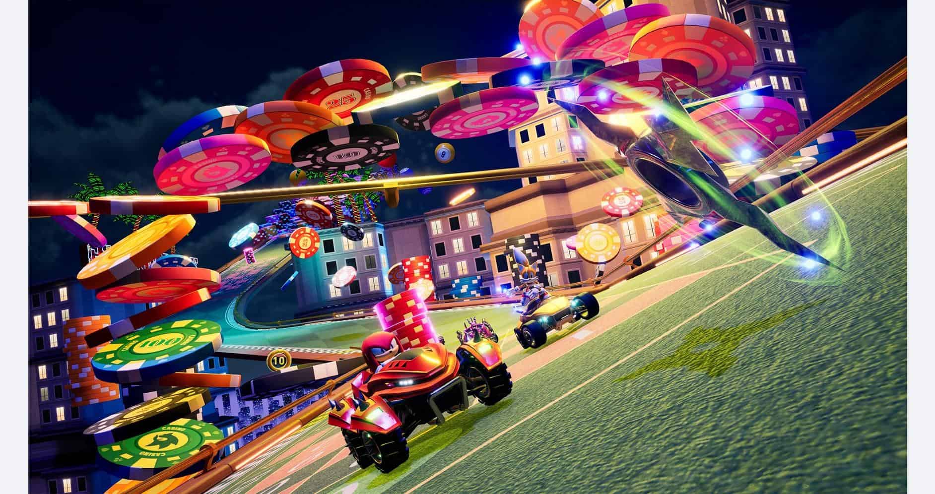 Sonic Racing CrossWorlds gameplay with colorful tracks and racing cars in a vibrant cityscape.