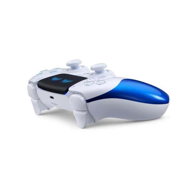 Wireless gaming controller with blue and white design for PlayStation.