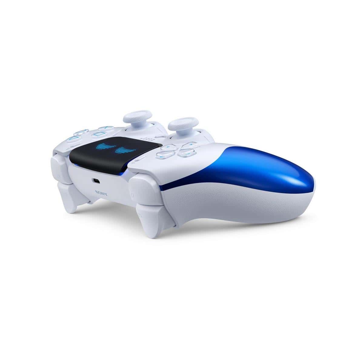 Wireless gaming controller with blue and white design for PlayStation.