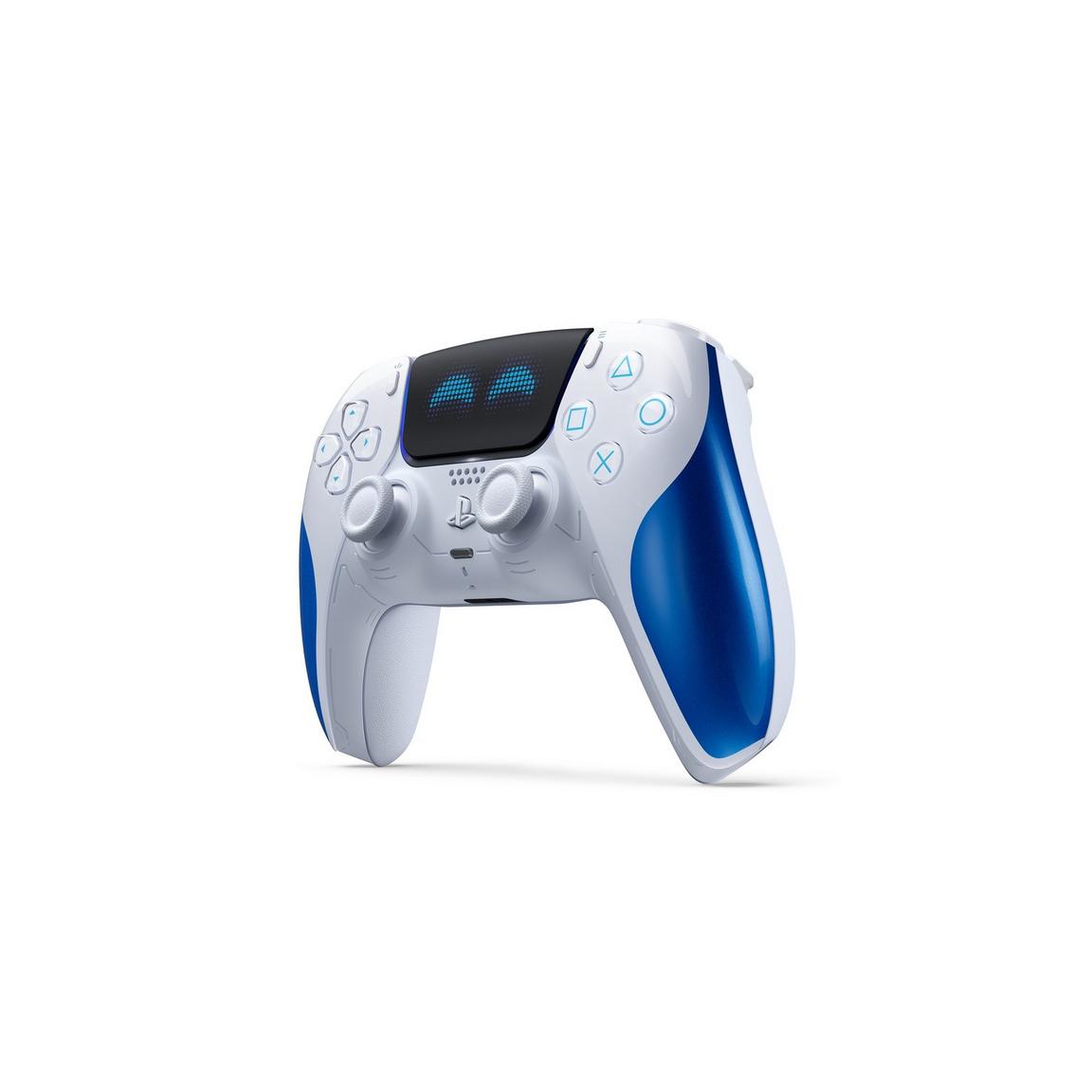 PlayStation DualSense controller with built-in screen and blue accents.