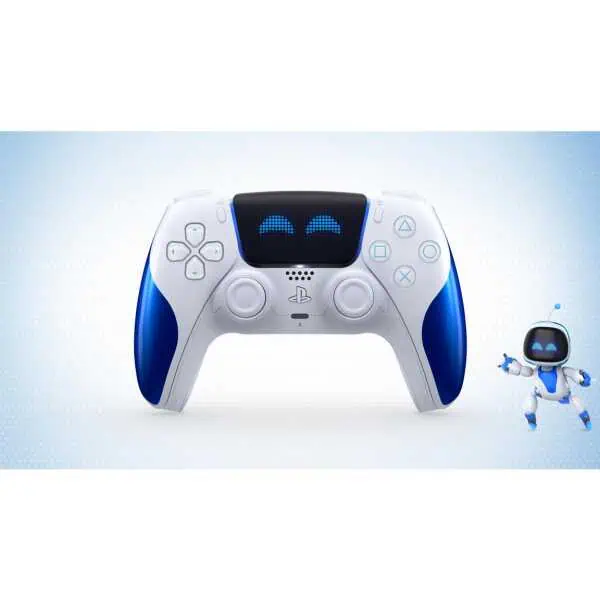 PlayStation 5 DualSense controller with a digital smiley face display.