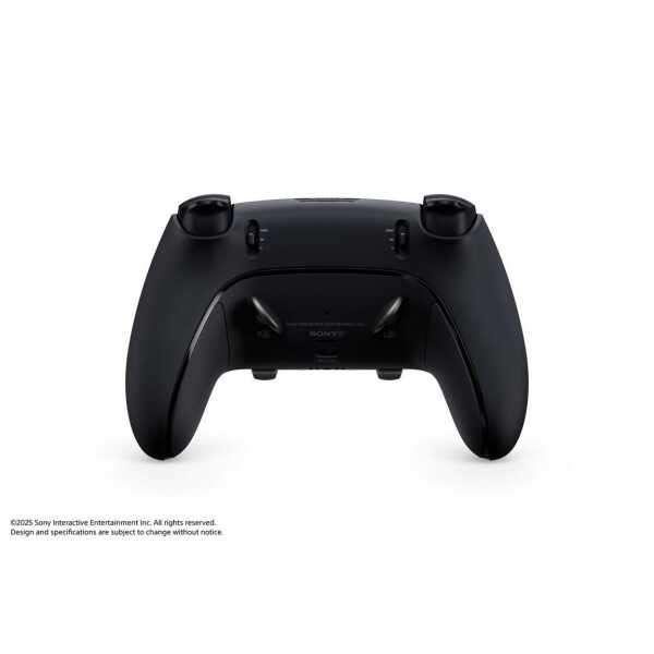 Wireless PlayStation controller for gaming, black, ergonomic design.