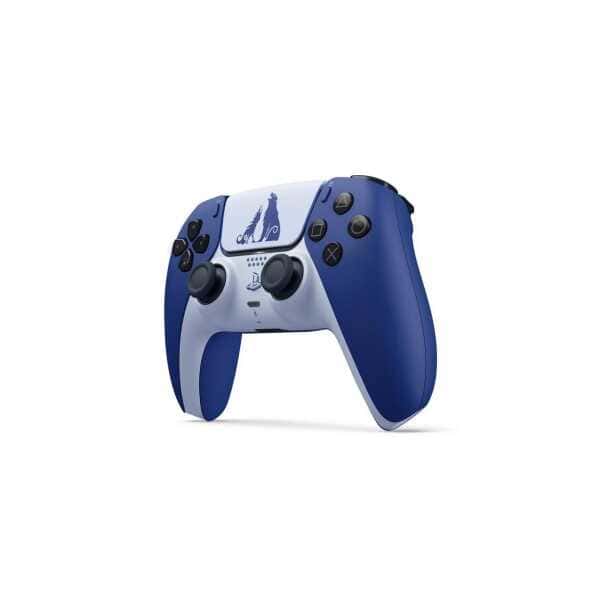 PlayStation controller with custom blue and white design featuring a cat silhouette.