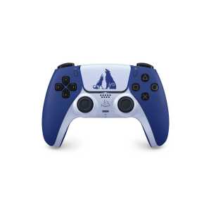 Custom blue and white PlayStation 5 controller with dragon logo for gaming.