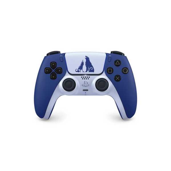 Custom blue and white PlayStation 5 controller with dragon logo for gaming.