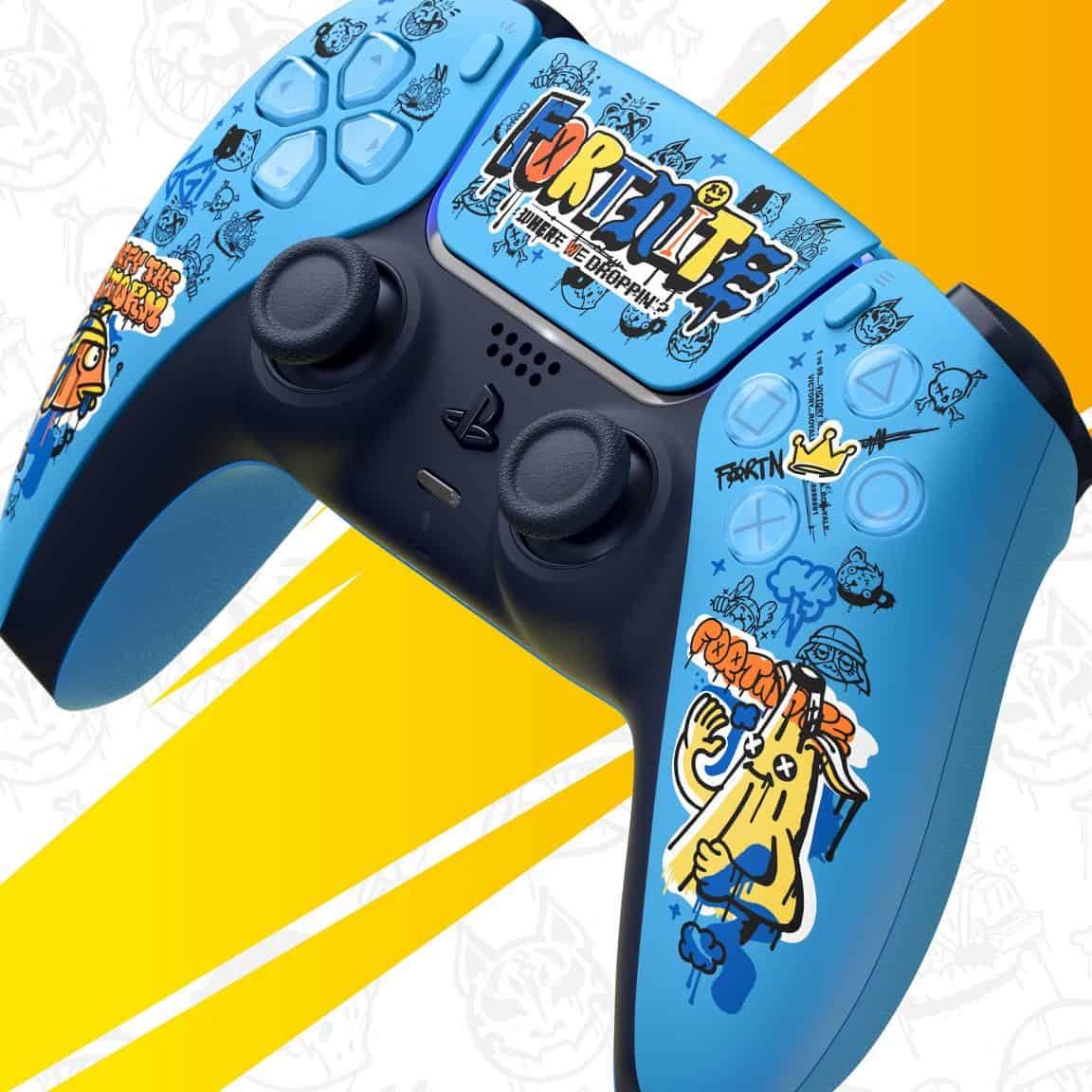 Custom Fortnite-themed PlayStation 5 controller with vibrant blue design and graffiti-style artwork.