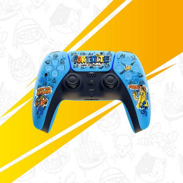 Custom blue gaming controller with Fortnite-themed designs for PlayStation.