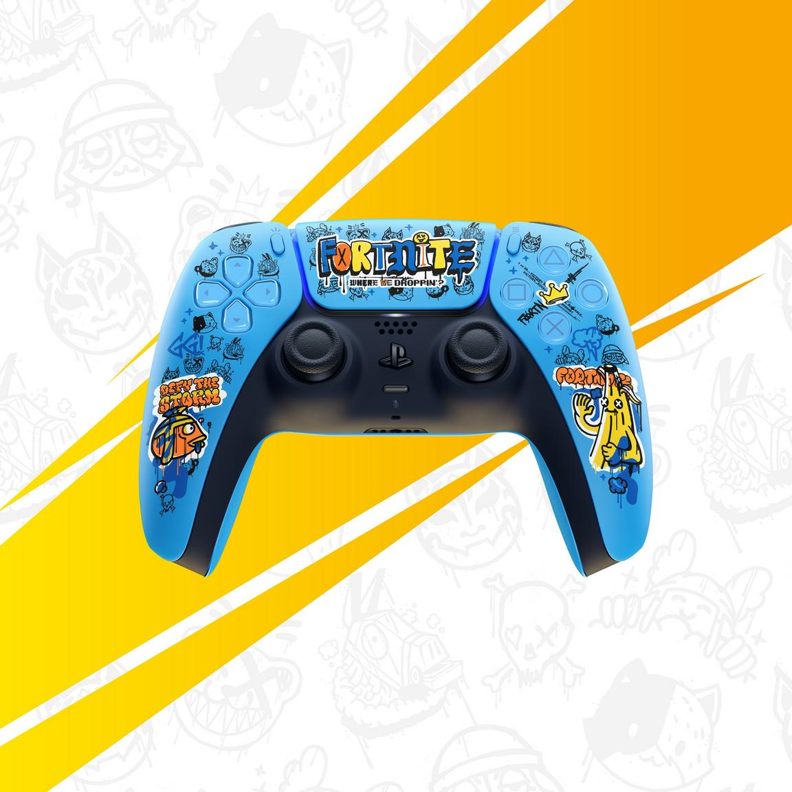 Custom blue gaming controller with Fortnite-themed designs for PlayStation.