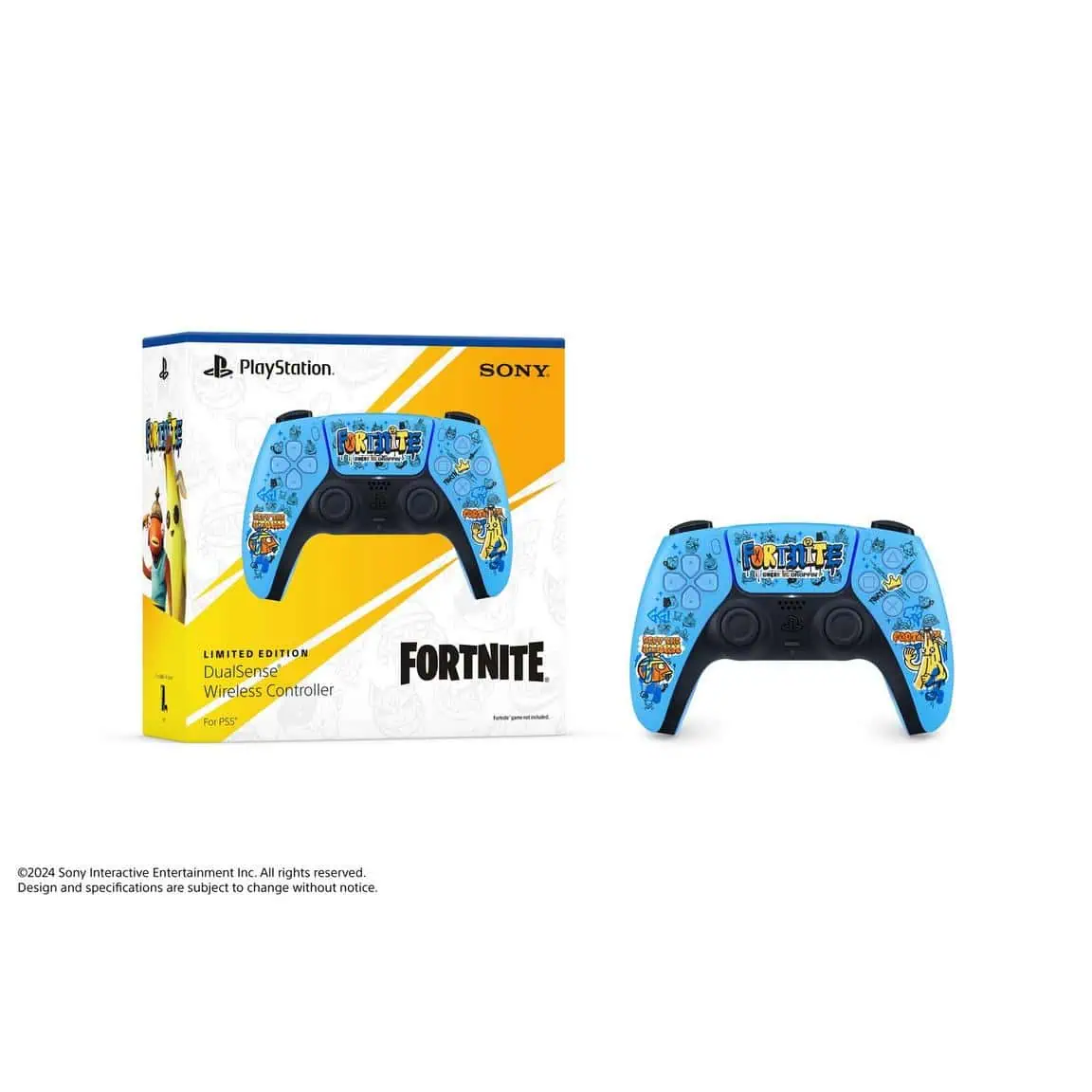 Custom Fortnite-themed PlayStation DualSense wireless controller with vibrant blue design and exclus.