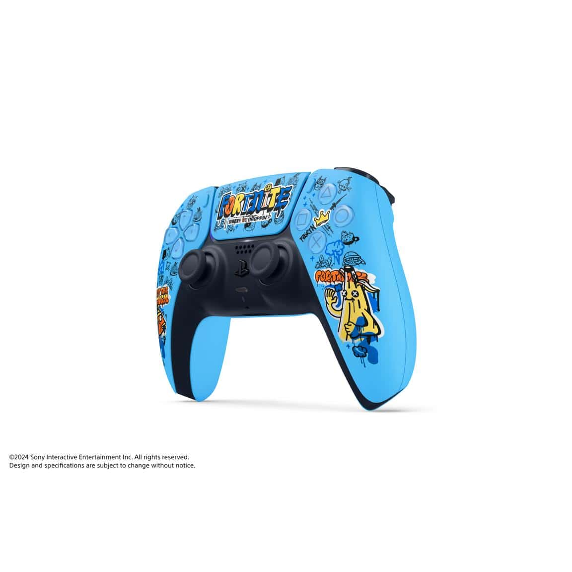 Custom blue PlayStation controller with Fortnite-themed artwork and vibrant design.