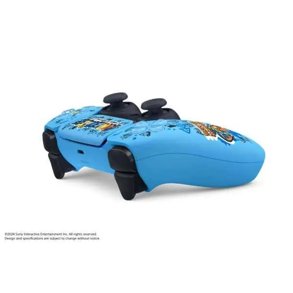 Blue gaming controller with colorful character design for PlayStation.