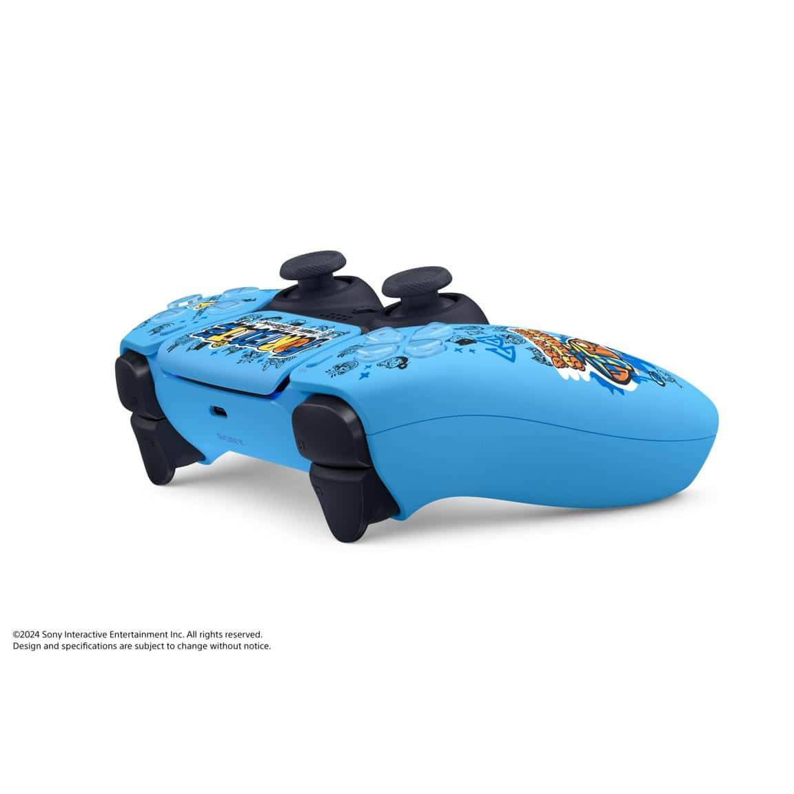 Blue gaming controller with colorful character design for PlayStation.