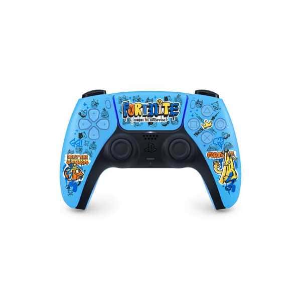 Fortnite-themed PlayStation 5 controller with colorful design and character graphics.