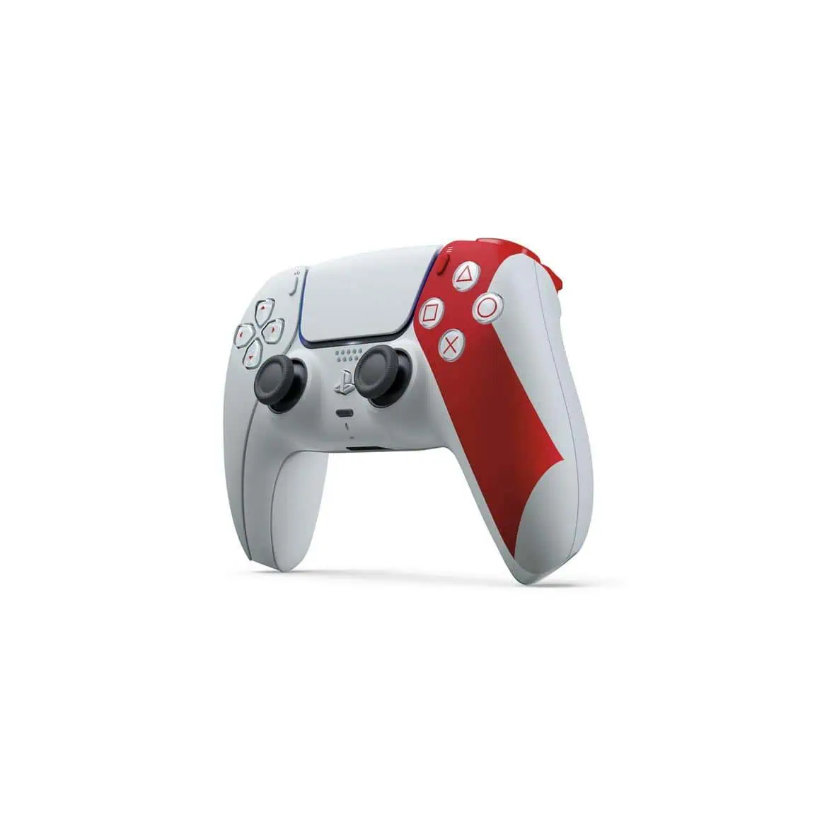 PlayStation 5 DualSense controller with red and white design for gaming.