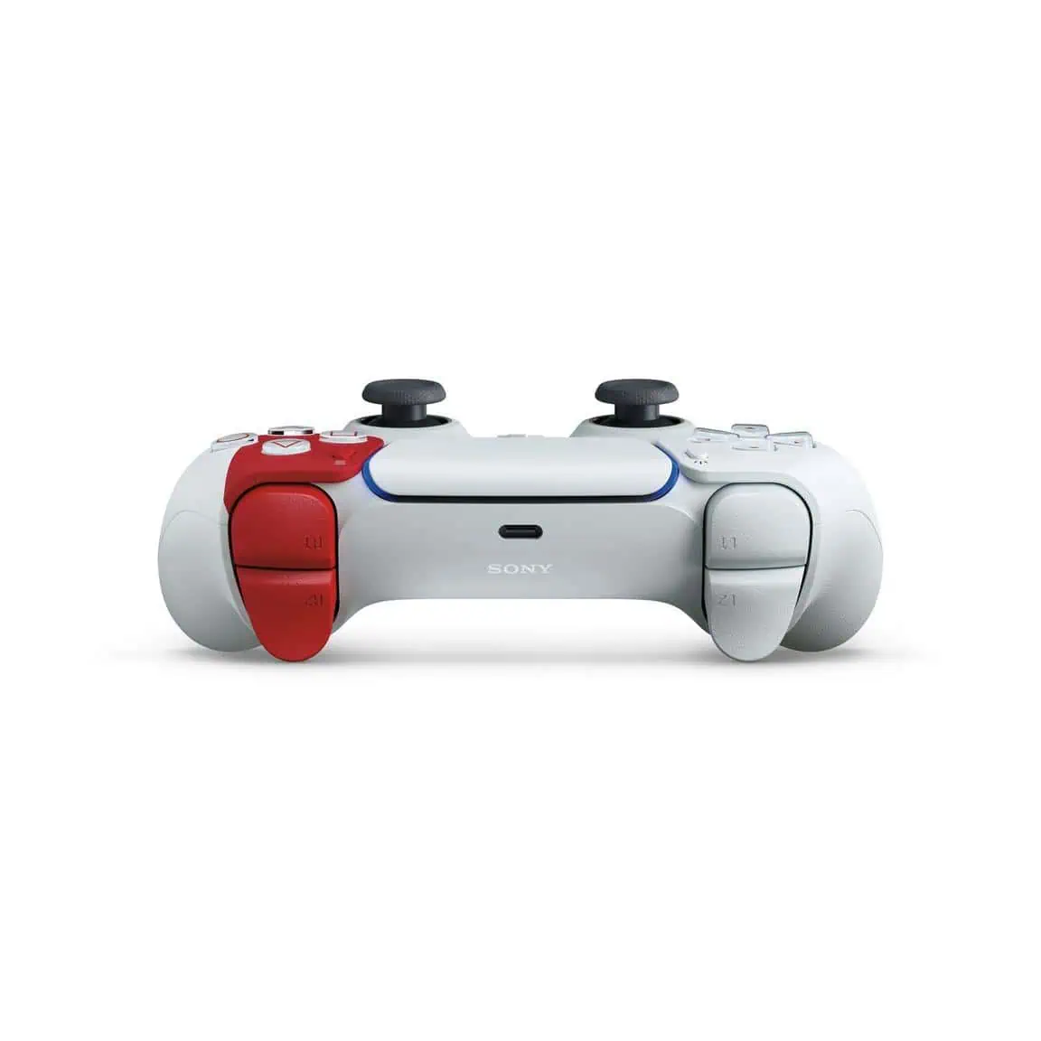 PlayStation DualSense controller with red and white design for gaming.
