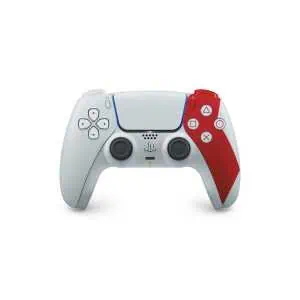 DualSense wireless controller for PlayStation with red and white design, gaming buttons, and ergonom.