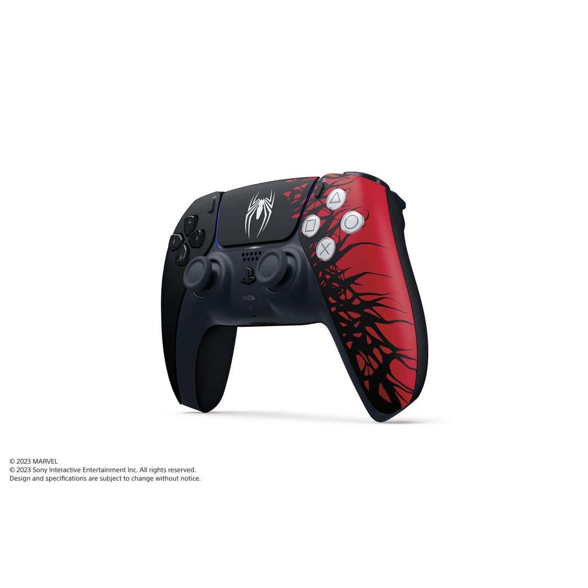 Marvel Spider-Man themed gaming controller for PlayStation with red and black design.