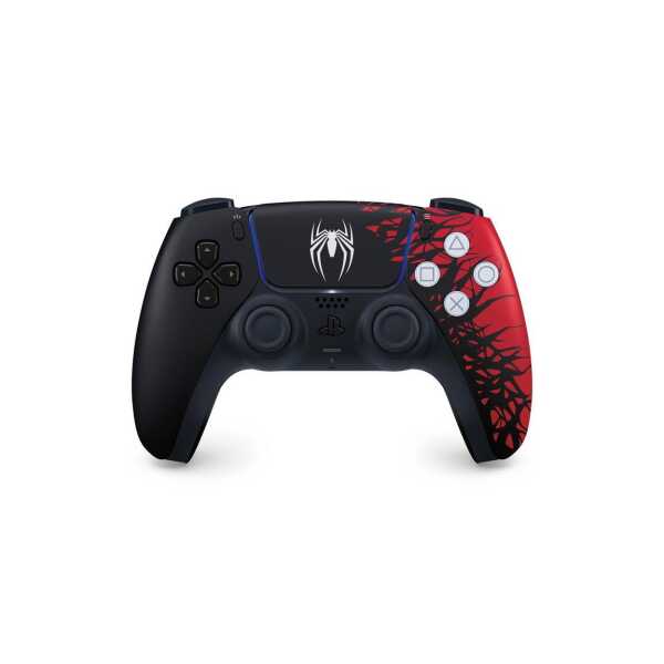 Spider-Man themed PS5 controller with black and red design and web pattern.