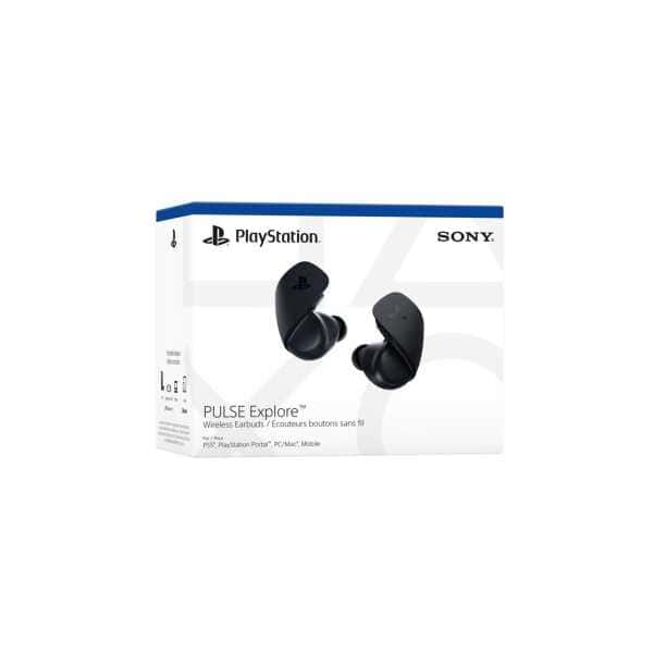 Wireless gaming earbuds with PlayStation and Sony branding, designed for immersive sound and comfort.